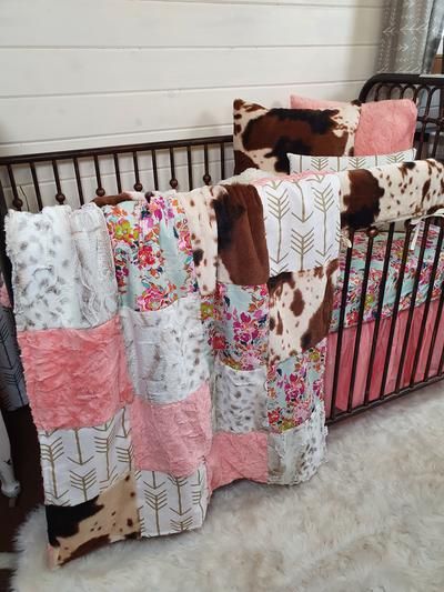 New Release Girl Crib Bedding - 4pc set, Summer Floral and Cow Minky R - DBC Baby Bedding Co Western Crib Bedding, Western Baby Bedding, Western Crib, Woodland Baby Bedding, Floral Baby Bedding, Western Nursery, Girl Crib Bedding, Farmhouse Nursery