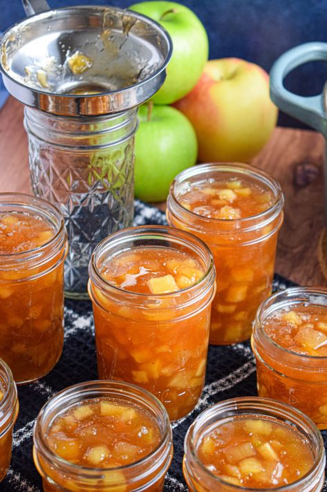 Apple Pie Jam Recipe, Apple Pie Jam No Pectin, Apple Jam With Pectin, Canning Red Hot Cinnamon Apples, Apple Pie Jam Recipe Canning, Fall Jams And Jellies, Apple Jam Recipe Canning, Apple Jelly Recipe Canning, Apple Marmalade Recipe