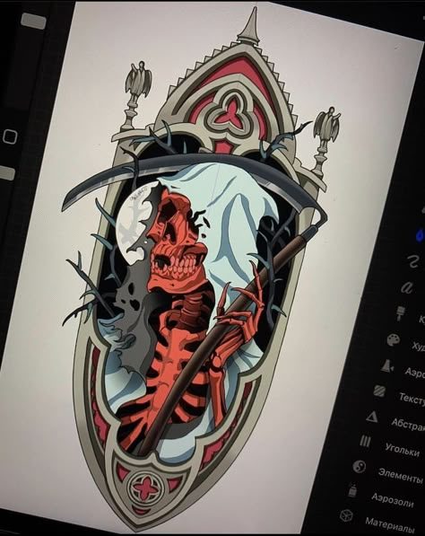 Neo Traditional Flame Tattoo, Neo Traditional Reaper Tattoo, Black And Red Neo Traditional Tattoo, Neo Traditional Skeleton, Neo Traditional Art Sketches, Neo Traditional Halloween, Neo Trad Tattoo Design, Neo Traditional Art, Neo Tattoo