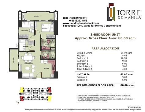 Torre de Manila: 3-Bedroom Unit Approx Gross Floor Area: 80 sqm. 1 Bedroom Condo, Fiber Optic Internet, Function Hall, Dressing Room Closet, Cottage Floor Plans, Company Id, House Plans 3 Bedroom, Pool Lounge, Bathroom Units