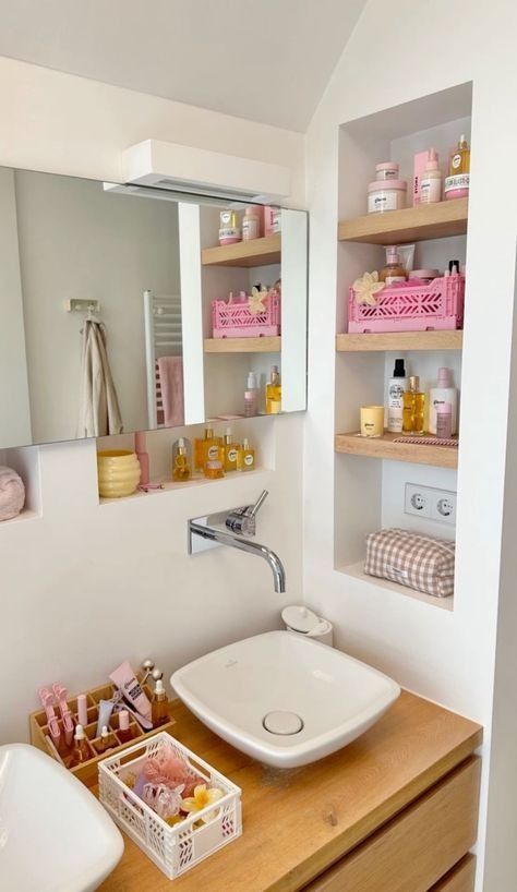 Ensuite Bathroom Ideas Small Decor, Pink Girly Bathroom, Bathroom Aesthetic Apartment, Makeup In Bathroom, Clean Girl Bathroom, Bathroom Inspo Small, Sink In Bedroom, College Apartment Ideas, Mini Bathroom Ideas