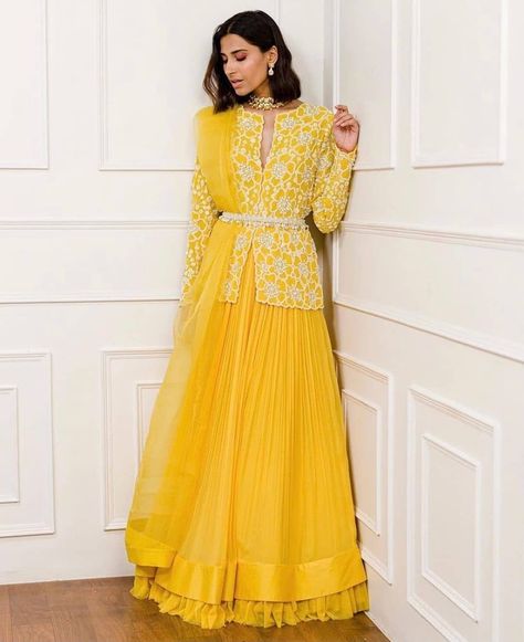 Haldi Suit, Lehenga With Jacket, Function Dress, Cape Lehenga, Long Blouse Designs, Langa Voni, Haldi Function, Haldi Outfits, Anarkali Dresses