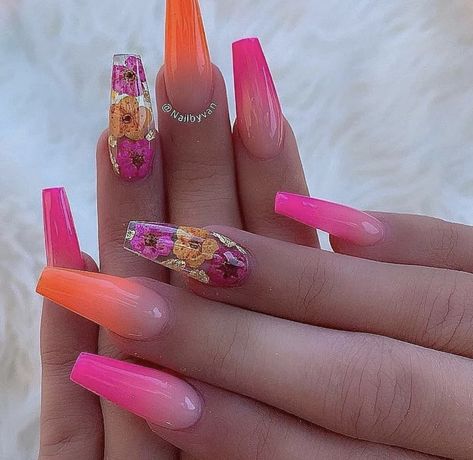 Pink And Orange Nails, Encapsulated Nails, April Nails, Ombre Nails Glitter, Tag Friends, Long Acrylic Nails Coffin, Nails Only, Coffin Nails Long, Instagram Nails