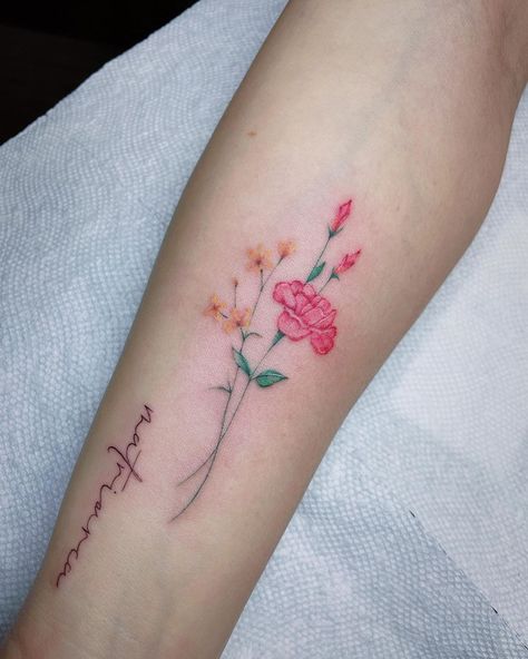 Carnation Flower Tattoo Watercolor, Colored Carnation Tattoo, Carnation Watercolor Tattoo, Small Carnation Tattoo, Carnation Watercolor, Adorable Tattoos, Carnation Flower Tattoo, Carnation Tattoo, Tattoo Watercolor