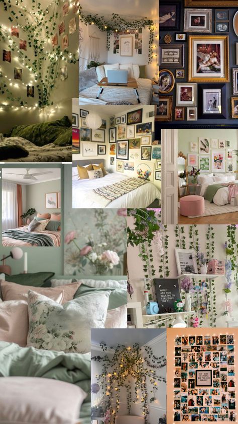 Sage green and pink as a theme, lots of plants and hanging vines, girly floral vibes Sage And Pink Room Aesthetic, Pink And Sage Room Aesthetic, Sage Green And Light Pink Dorm Room, Room Ideas Aesthetic Sage Green And Pink, Sage Green Bedroom Fairy Lights, Sage Green And Pink, Sage Green Bedroom Aesthetic Indie, Green Room Decor, Hanging Vines