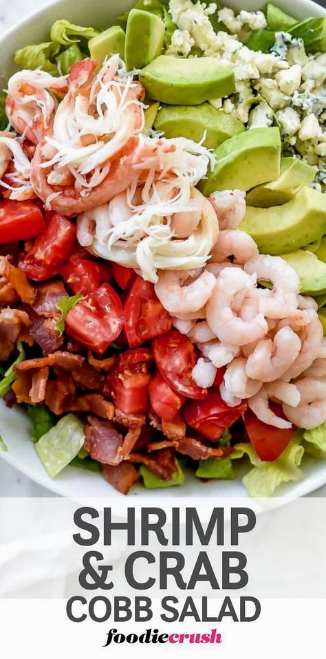 Indulge in a refreshing twist on a classic favorite with this Seafood Cobb Salad featuring succulent crab and shrimp. Perfect for seafood lovers, this vibrant dish combines fresh greens, creamy avocado, and tangy blue cheese, all topped with a zesty dressing. Whether you're hosting a summer gathering or looking for a light yet satisfying meal, this salad is sure to impress with its rich flavors and beautiful presentation. Dive into a taste of the ocean with every bite. Seafood Cobb Salad, Shrimp And Crab Salad, Sea Food Salad, Crab And Shrimp, Sea Food Salad Recipes, Snow Crab, Keto Salads, Shrimp Avocado, Yummy Salads