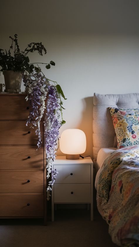 Create a tranquil retreat in your bedroom with the beauty of Wisteria elegantly draping over a MALM dresser. Paired with a cozy HEMNES bed and the soft glow of a KNIXHULT bedside lamp, this space exudes calmness. The vibrant BERGPALM duvet cover adds a splash of personality, while warm lighting from the GRÖNÖ table lamp enhances the serene atmosphere. Discover tips on how to style your own peaceful sanctuary! Click for more inspiration! #BedroomInspo #IKEAStyle #HomeDecor #Wisteria #CozyVibes #InteriorDesign #SereneSpaces Bergpalm Duvet, Hemnes Bed, Malm Dresser, Bedroom Vibes, Tranquil Retreat, Warm Lighting, Serene Bedroom, Bedside Lamp, Bedroom Inspo