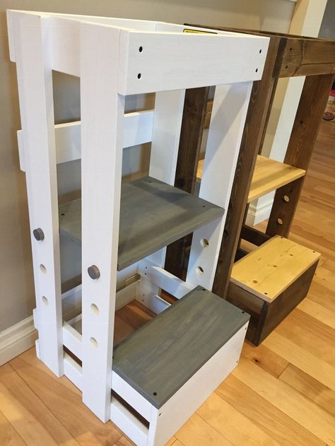 Kitchen Stools Diy, Toddler Kitchen Stool, Montessori Tower, Kitchen Helper Tower, Kid Furniture, Helper Tower, Toddler Kitchen, Diy Stool, Observation Tower