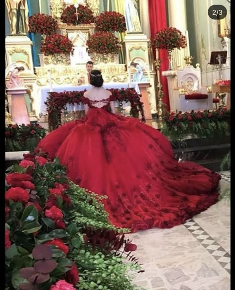 Red Quinceanera Dresses Roses, Red Quinceanera Dresses With Roses, Red Puffy Quinceanera Dresses, Royalty Quinceanera Theme Red, Red Wine Quinceanera Dresses, Ruby Red Quinceanera Dresses, Red 15 Dress, Red Quince Decor, Red Xv Dresses