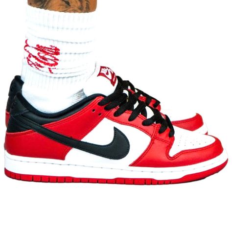 Nike SB Dunk Low Pro "J-Pack Chicago" J-Pack has created another masterpiece for all sneakerheads. "J-Pack Chicago" was inspired by the AJ1 Chicago classic color scheme. Details include classic white toe, black laces & swoosh, red overlays & outsole as well as the AJ1 alike leather texture. All attention to detail is driving sneaker fans crazy. Nike Sb Dunk Low Pro, Nike Sb Dunk Low, Sb Dunk Low, Nike Sb Dunks Low, Nike Sb Dunk, Nike Sb Dunks, Sb Dunk, Nike Dunk Low, Leather Texture