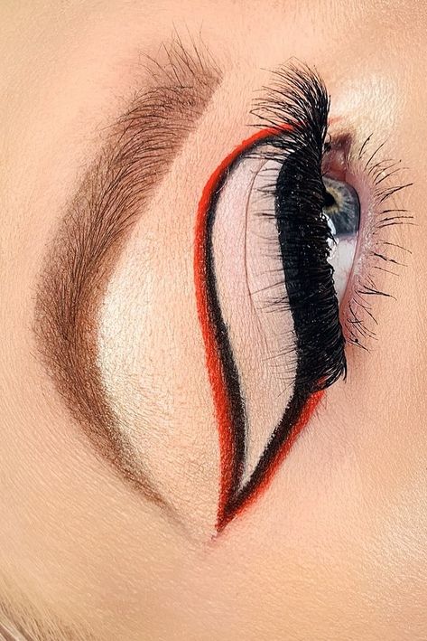 Double Graphic Liner, Graphic Eyeliner Red And Black, Red Grafic Eyeliner, Red Graphic Liner Makeup, Black And Red Graphic Liner, Black And Red Eyeliner, Valentines Day Eyeliner, Black And Red Makeup Looks, Red And Black Eyeliner