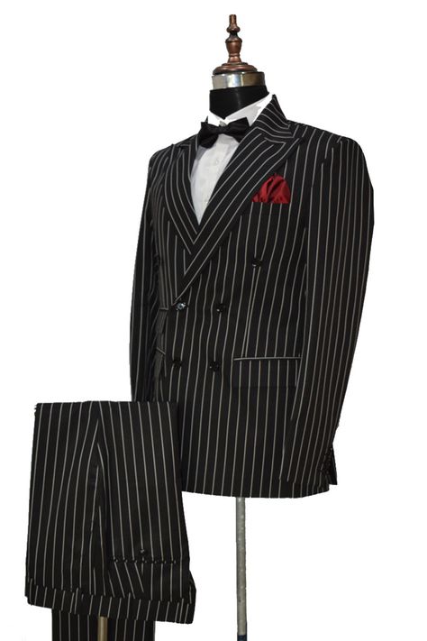 Black stripe suits Pin Stripe Suit Mens, Inspector Goole, Wedding Suits Men Black, Black And Red Suit, Party Wear Suits, Black Ivy, Artistic Ideas, Striped Suit, Suits Men Business