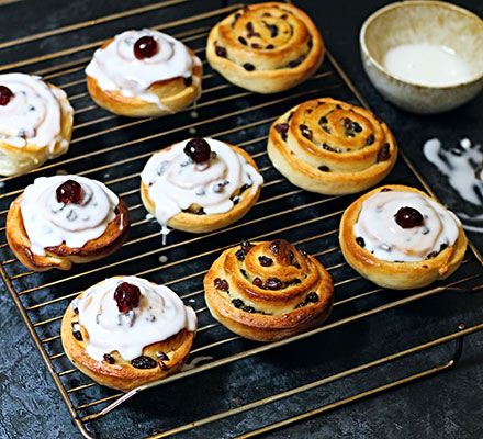 Belgian buns recipe | BBC Good Food Belgian Buns, Sourdough Hot Cross Buns, Belgian Bun, Choux Buns, Glace Cherries, Buns Recipe, Bbc Good Food, British Baking, Hot Cross Buns