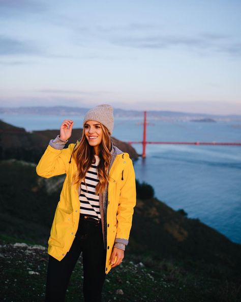 Yellow parka, marine T-shirt, beaning (for into the woods) Yellow Parka, Marin Headlands, Patagonia Fleece Jacket, Yellow Raincoat, Gal Meets Glam, Camping Outfits, Yellow Jacket, Raincoats For Women, Sweaters And Jeans