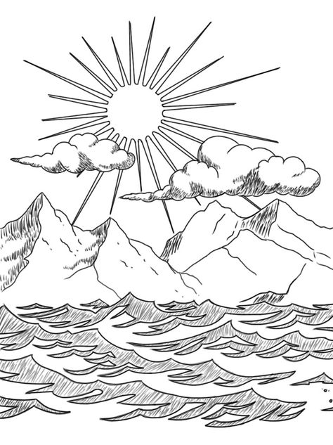 Ocean/water, Mountain/Earth, Clouds/Air, Sun/Fire. Sun And Clouds Tattoo Sleeve, Mountain And Ocean Drawing, Air Tattoo Ideas, Sun And Clouds Tattoo, Steve Tattoo, Literature Tattoos, Rising Sun Tattoos, Rain Tattoo, Water Mountain