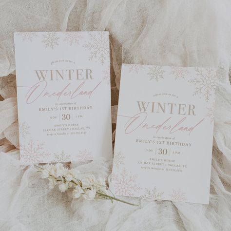 Winter Onederland Pink Gold Glitter 1st Birthday Invitation Winter First Birthday Invitations, Winterland Birthday Party Decorations, Winter Onederland Highchair Banner, Winteroneder Land Theme Party, Winter First Birthday Themes, 1st Birthday Winter Onederland, Winter Baby Birthday Party, Winter Themed Birthday Party, 1st Birthday Winter