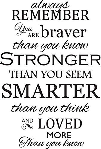 Newclew Always Remember You are Braver Than You Know, Stronger Than You Seem, Smarter Than You Think Removable Vinyl Wall Art Inspirational Poetry Quotes Saying Home Decor Decal Sticker Inspirational Poetry Quotes, Scripture Wall Decal, Inspirational Poetry, Inspirational Wall Decals, Art Quotes Inspirational, Stronger Than You Think, Always Remember You, Wall Quotes Decals, Stronger Than You