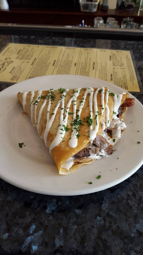 [I ate] roast beef pork chop and bacon crepe - Follow for more Food Inspiration :) Crepe Food, Crepe Recipes, Pork Chop, Clinical Research, Roast Beef, Food Obsession, Cafe Food, Pork Chops, The Map