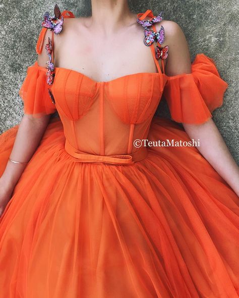 Applique Fashion, Butterfly Applique, Princess Prom Dresses, Fashion Drawing Dresses, Gowns Prom, Long Evening Gowns, A Line Gown, Orange Dress, Fashion Drawing