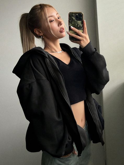 Black Casual Collar Long Sleeve Knitted Fabric Plain Zip Up Embellished Slight Stretch  Women Clothing Black Zip Up Hoodies, Zip Hoodie Outfit, Zip Up Hoodie Outfit, Black Hoodie Outfit, Cropped Hoodie Outfit, Women Sweatshirts, Hoodie Outfit, Black Zip Ups, 가을 패션