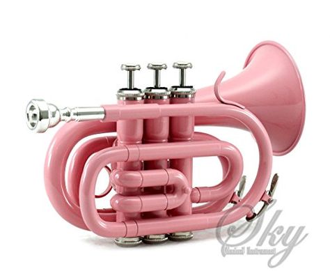 Sky Band Approved Brass Bb Pocket Trumpet with Case, Cloth, Gloves and Valve Oil, Guarantee Top Quality Sound (pink) *** Click image for more details. Pocket Trumpet, Sky Music, Instruments Music, Pink Music, Instruments Art, Trumpet Players, Brass Instruments, Really Cute Nails, Everything Pink