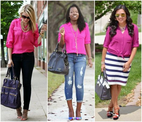 Perfect Pairings for Every Color of Portofino Shirts In the Rainbow ((ROYGBIV + pink) | On the Daily EXPRESS Fushia Top Outfit, Portofino Shirt, Rachel Roy, Casual Work Outfits, Sale Sale, Classy And Fabulous, Business Casual Outfits, Silk Shirt, Work Casual