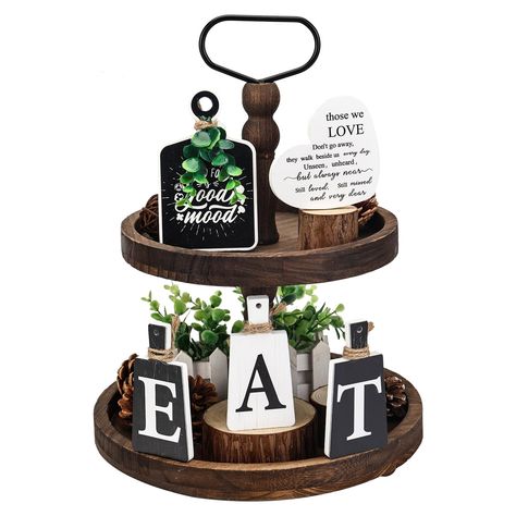 PRICES MAY VARY. FARMHOUSE TIERED TRAY DECOR SET:Kitchen table decor and accessories includes 5 pcs of modern farmhouse decor: Heart Sign with words printed*1, Mini Black and White E A T letter Signs*3, Print Black good food good wood Sign*1. Please note, This Rustic home shelf decor is not included The Tiered Tray. QUALITY WOOD AND CRAFTSMANSHIP: The country kitchen decor are made of quality wood, sturdy and strong, polished by craftsmanship and letters are clear, The unique farmhouse home deco Kitchen Counter Table, Fireplace Entryway, White Kitchen Counters, Kitchen Tiered Tray, Home Living Room Decor, Black And White Kitchen, Entryway Cabinet, Decor For Kitchen, Bar Shelf