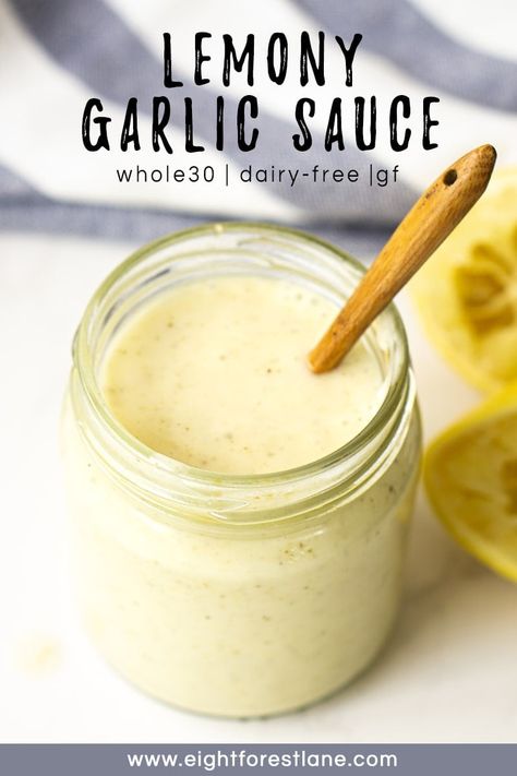 This lemony garlic sauce is a creamy and zingy Whole30 sauce or dressing perfect served with salad, vegetables or over grilled chicken. This sauce wizzes together in just a couple of minutes to elevate any dish plus it is completely dairy-free and Whole30 compliant. Non Dairy Cream Sauce, Cava Garlic Dressing, Garlic Dressing Recipe, Sauce For Vegetables, Garlic Salad Dressing, Dairy Free Dressing, Dairy Free Sauces, Salad Vegetables, Lemon Garlic Sauce