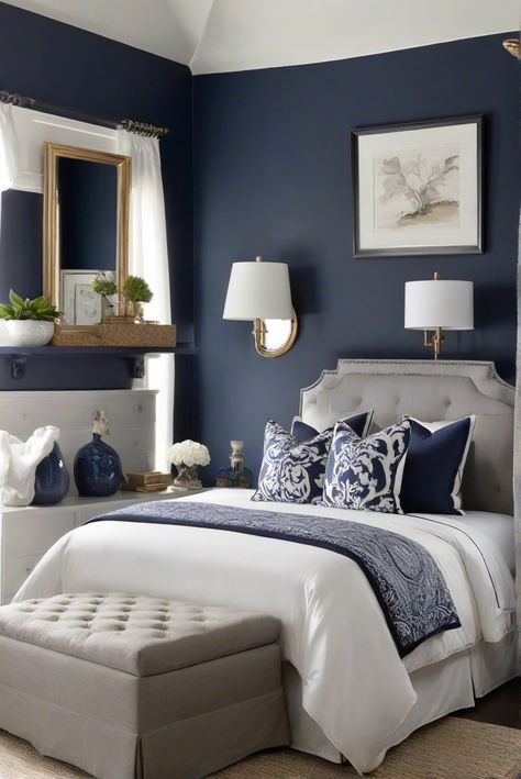 Step aboard the nautical inspiration of Naval (SW 6244) and bring moody elegance to your bedroom with this daily routine for interior design enthusiasts. Let's set sail! #Ad #homedecor #homedesign #wallpaints2024 #Painthome #interiorarchitecture Wall Colors Green Living Room Colors Bright Living Room Colors Apartment Renovation Living room Remodeling Modern Paint Colors 2024 Sw Naval Bedroom, Naval Bedroom, Bedroom With Grey Furniture, Dark Blue Accent Wall Bedroom, Modern Blue Bedroom, Sw Naval, Naval Sw 6244, Colorful Living Room Bright, Girly Apartment Ideas