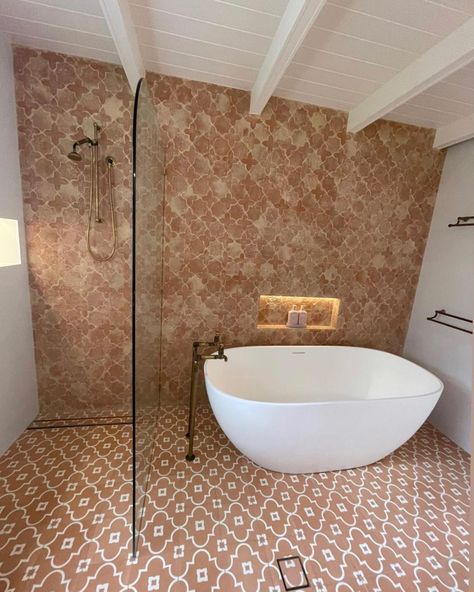 Antique and Encaustic Tiles on Instagram: “Wow!!!! Love the combination of Oatmeal Estrella and Salmon Annalise in the stunning bathroom @marnierielly81. Beautiful work…” Designer Tiles, Encaustic Tiles, Handmade Tile, Stunning Bathrooms, Moroccan Tiles, Encaustic Tile, Moroccan Design, Style Tile, Handmade Tiles