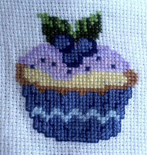 Blueberry cupcake, i've made this for my baby's blanket Muffin Blueberry, Blueberry Cupcake, Blueberry Cupcakes, Needle Crafts, Cross Stitch Needles, Jam Jar, Blue Berry Muffins, Cross Stitching, Blueberries