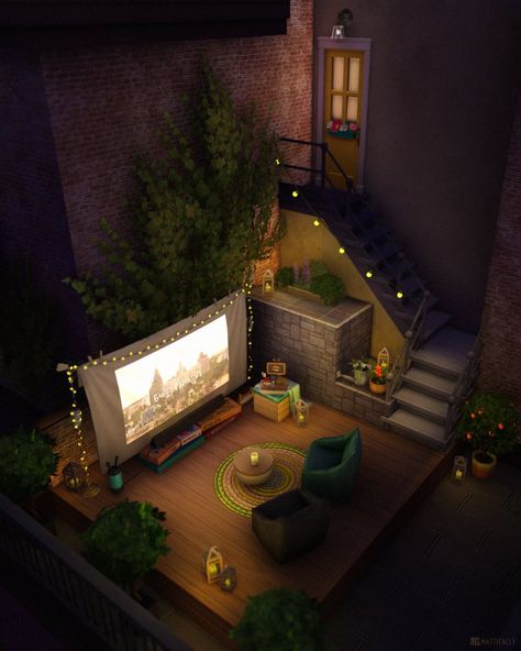 SimMattically on Twitter: "I just remembered this cute build I did last year and I feel like it's perfect for cozy nights with the family in #GrowingTogether 🥹 #ShowUsYourBuilds #TheSims4 https://t.co/jIjt6PmcfH" / Twitter Sims 4 Loft, Ideas Terraza, Sims 4 Houses Layout, Lotes The Sims 4, San Myshuno, Sims 4 Family, Sims 4 House Plans, Sims 4 House Building, Backyard Movie