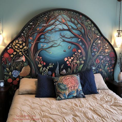 Fantasy Painted Furniture, Whimsigoth Painted Furniture, Whimsical Headboard, Whimsigoth House, Bedroom Suits, Unique Diy Furniture, Furniture Painting Ideas, Unusual Bedside Tables, Whimsy Goth Bedroom