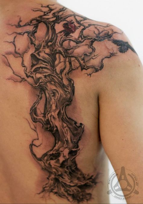 by facebook.com/Coult.Studio Shoulder Tree Tattoo Men, Tree Tattoo Men Shoulder, Tree Tattoo Men Back, Full Back Tree Tattoo, Tree Tattoo Back Shoulder, Tree Tattoo Spine, Big Tree Tattoo On Back, Tree Sleeve, Tree Tattoo Arm