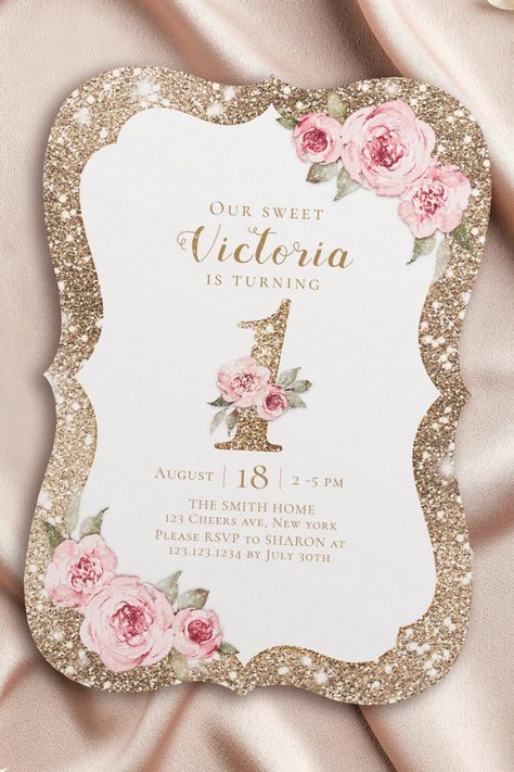 Sparkle gold glitter and pink floral 1st birthday invitation Floral 1st Birthday, 1st Birthday Invitation, 1st Birthday Invitations, Sparkles Glitter, Invitation Zazzle, Gold Glitter, Pink Floral, Birthday Invitations, Party Invitations