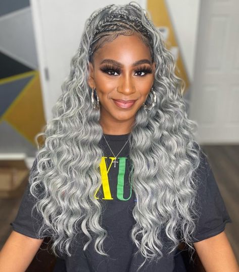 Long Silver Crochet Hair with Cornrows Box Braids At Home, Braids At Home, Grey Hair Colour, Gray Hairstyles For Women, Grey Hair Braids, Braids For Women, Crochet Curls, Grey Hair Don't Care, Grey Curly Hair