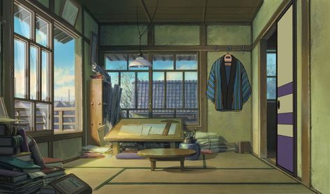 Jiro&#8217;s conjugal bedroom Anime Houses, The Wind Rises, Japanese Bedroom, Wind Rises, Studio Ghibli Characters, Japanese Style House, Japanese Room, Scenery Background, Japanese Interior