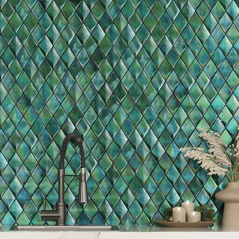 Brass Decor Ideas, Unsanded Grout, 3d Tiles, Unique Tile, Cast Glass, Green Tile, Adhesive Tiles, Brass Decor, Glass Mosaic Tiles