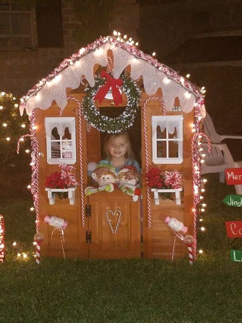 Gingerbread Cubby House, Kids Playhouse Gingerbread House, Playhouse Turned Into Gingerbread House, Gingerbread House Photoshoot, Playhouse Gingerbread House, Gingerbread Fireplace, Gingerbread Playhouse, Cardboard Gingerbread House, Ginger Bread House Diy