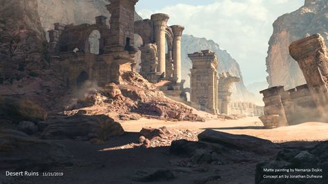 Desert Ruins by Nemanja Dojkic Ancient Jedi Temple, Ancient Ruins Concept Art, Fantasy Ruins, Forest Ruins, Disney Theories, Desert Ruins, Ruins Wedding, Detroit Ruins, Ruins Architecture