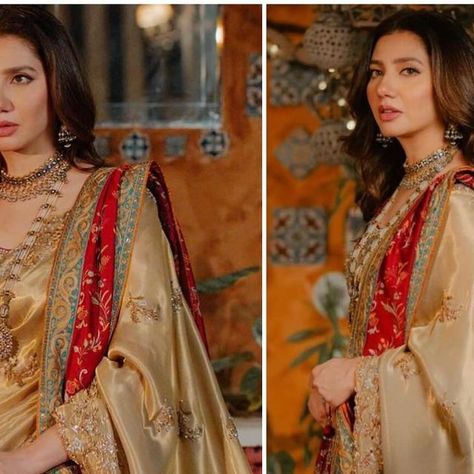 Wedding Style and Fashion | Kinza Nasrullah on Instagram: "How regal!  @mahirahkhan in a gold lamé saree by couture queen @buntokazmi_official paired with an exquisite handworked shawl at her Walima." Saree And Shawl Style, Saree With Shawl Style, Saree With Shawl, Shawl Style, Gold Lame, Style Wedding, Wedding Styles, Shawl, Saree