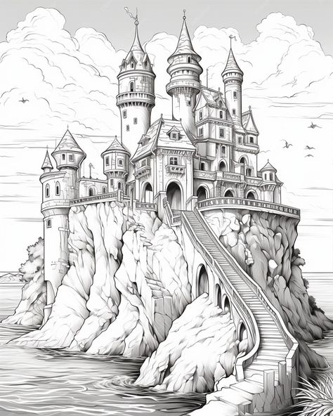 White Sketches, Castle Coloring Page, Colouring Pictures, Tattoo Coloring Book, Castle Drawing, Coloring Pages For Grown Ups, Small Castles, Fall Coloring, Scary Animals