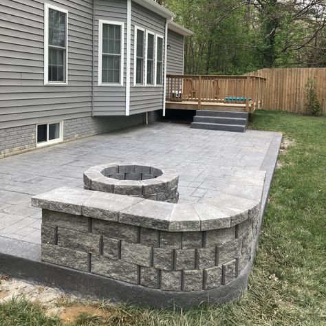 Recently completed project by Garcia Landscaping. Stamped concrete patio with fire pit and retaining wall section by the fire pit that can double as benches. #garcialandscaping #landscapedesign #landscaping #fredericksburg #virginia #stafford #homeimprovement #stampedconcrete #stampedconcretepatio #retainingwall #paverretainingwall #firepit #hardscape #hardscapedesign #concretecontractor #landscaperfredericksburgva #landscapingstaffordva Concrete Patio With Fire Pit, Patio With Fire Pit, Wall Section, Make Your Dreams A Reality, Fredericksburg Virginia, Hardscape Design, Concrete Contractor, Stamped Concrete Patio, Dream Yard