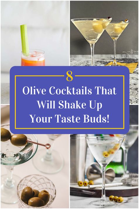 Collage of 4 olive cocktails. Drinks With Olives, Cocktails With Olives, Olive Juice Recipe, Salty Cocktails, Savory Drinks, Savory Cocktails, Olive Cocktail, Olive Brine, Spanish Olives