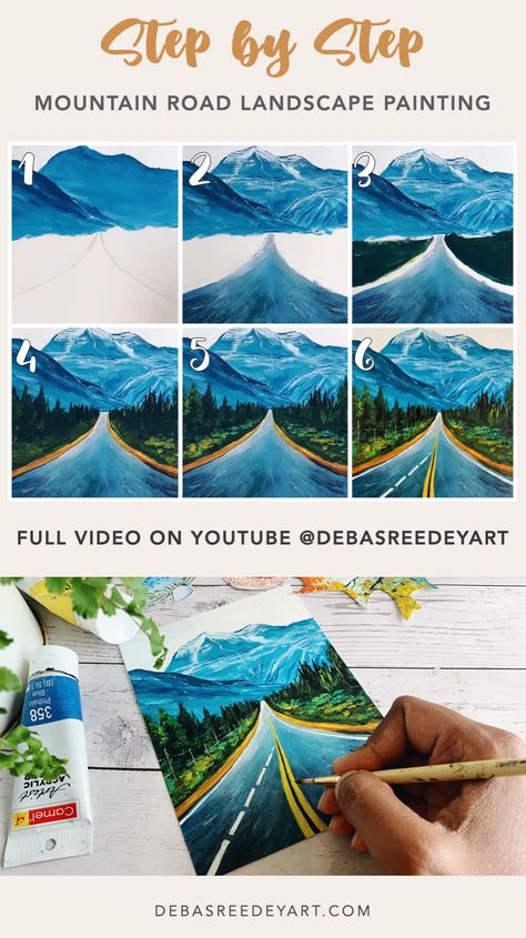 Mountain Road Painting, Road Painting Easy, Landscape Step By Step, Everyday Painting, Landscape Steps, Road Painting, Mountains Painting, Sunset Road, Color Pencil Illustration