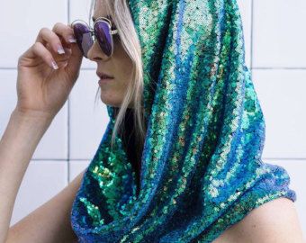 This item is unavailable Rave Hood, Burning Man Costume, Mermaid Sequin, Hipster Mens Fashion, White Tee Shirts, Iridescent Blue, Black Jersey, Green Sequins, Festival Looks