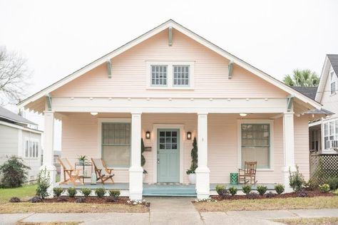 Home Town Hgtv, Erin Napier, Patterned Chair, Mudroom Design, House White, Pink House, Craftsman Bungalows, Home Town, Pink Houses