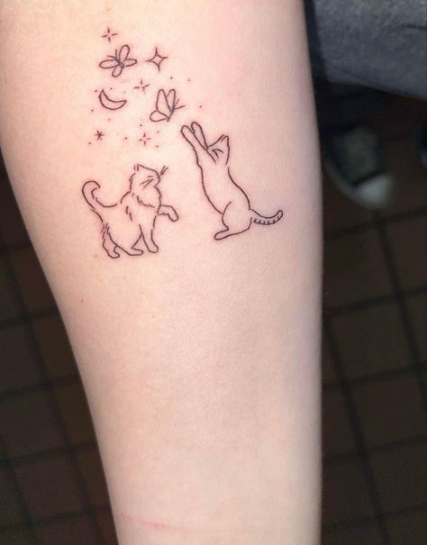 Cat Owner Tattoo Ideas, Fuzzy Cat Tattoo, Pair Of Cats Tattoo, Cat Angel Wings Tattoo, Small Tabby Cat Tattoo, Angel Kitty Tattoo, Tattoos For Passed Cats, Cat With Butterfly Tattoo, Cat Laying Down Tattoo