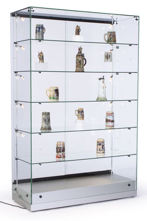 48" Glass Display Case w/Side Lights, Hinged Door,Frameless, Ships Assembled - Silver Glass Curio Cabinets, Glass Display Shelves, Glass Shelves In Bathroom, Glass Shelves Kitchen, Glass Display Cabinet, Glass Showcase, Glass Display Case, Diy Display, Glass Cabinets Display