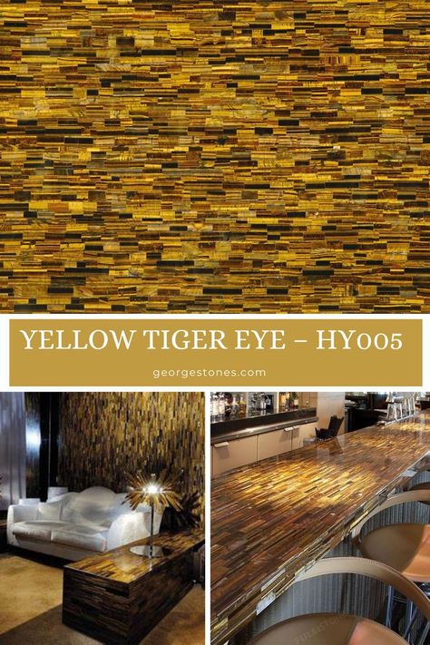 A high-resolution collage showcasing "Yellow Tiger Eye – HY005" by George Stones, featuring a textured golden stone surface, a luxurious white sofa with matching table and decor, and a polished bar counter with a sleek, modern aesthetic. Tub Surrounds, Tub Surround, Bathroom Walls, Spiritual Wellness, Tiger Eye Stone, Eye Stone, Unique Gemstones, Tiger Eye, Home Décor